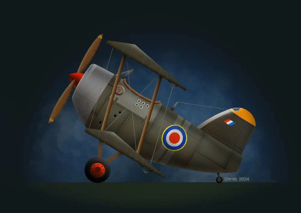 Hand-drawn chibi cartoon biplane in olive green, sporting an RAF roundel, wooden propeller with red spinner and five Luftwaffe kill markings